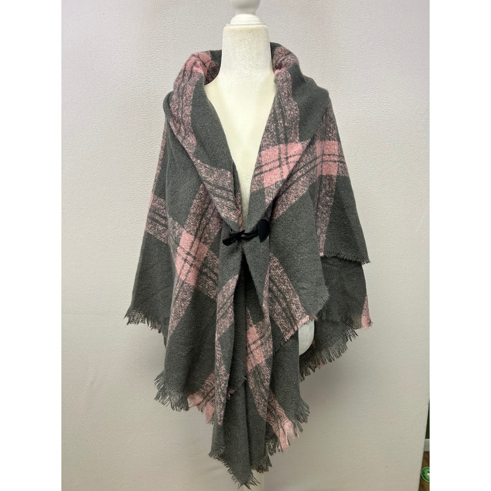 Cottagecore Altare Womens OS Pink Grey Plaid Fringed Toggle Wrap Shawl Cape 6311
